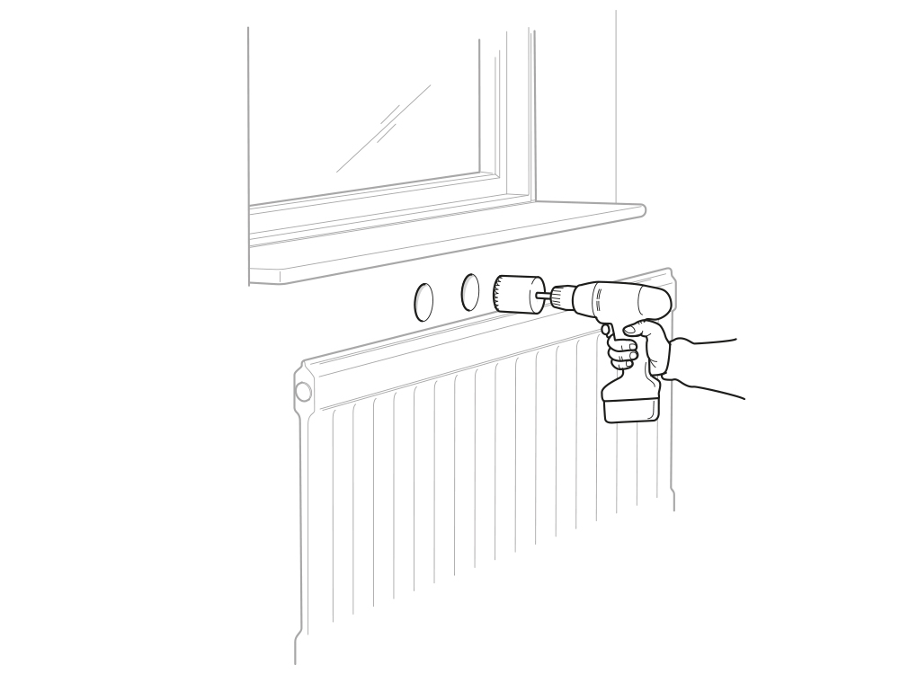 1. Borra två Ø51-55 mm eller ett Ø85 mm hål genom väggen ovanför radiatorn (Flexi). Om Mini ska användas görs hålen/hålet under eller vid sidan av radiatorn.